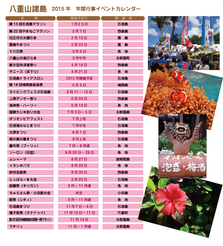 八重山諸島 2015年　年間行事イベントカレンダー